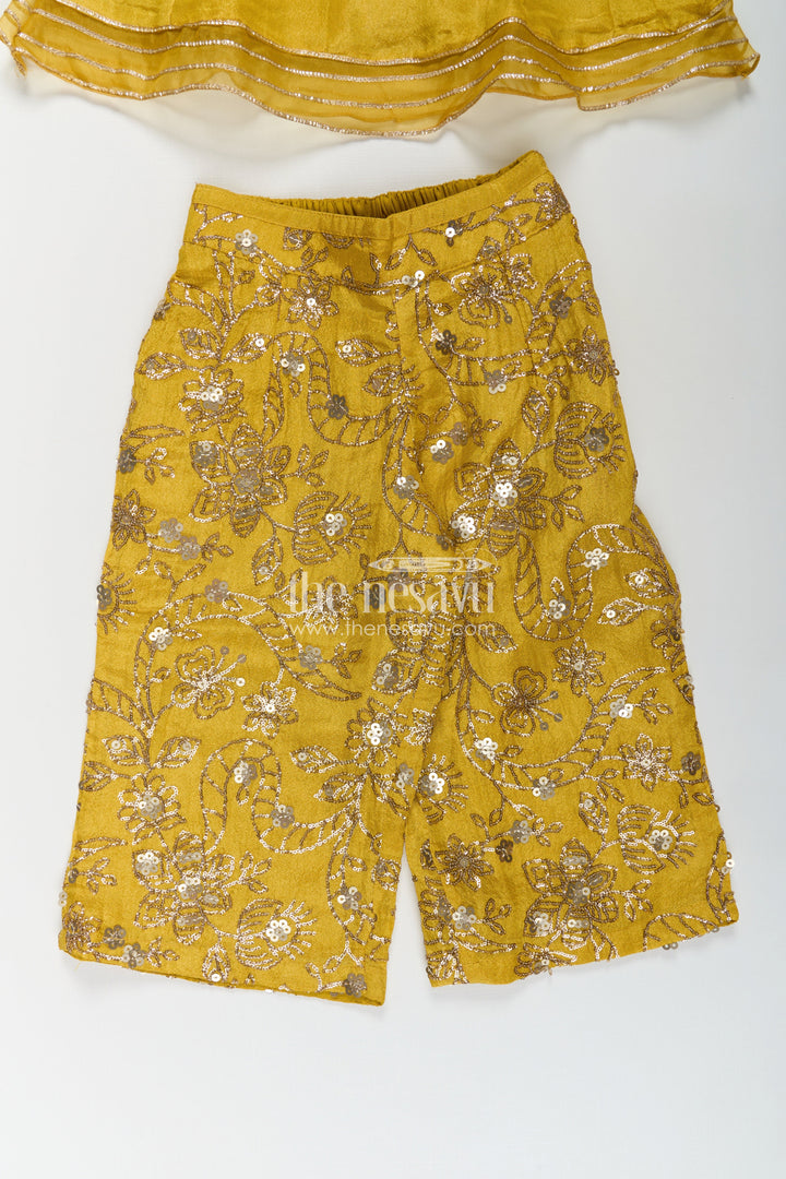 The Nesavu Girls Sharara / Plazo Set Girls Mustard Dress Of Sharara in Viscose Tissue with Designer Sequin Embroidered Pants Nesavu Girls Mustard Sharara Dress Sequin Embroidered Pants Dupatta Viscose Tissue | The Nesavu