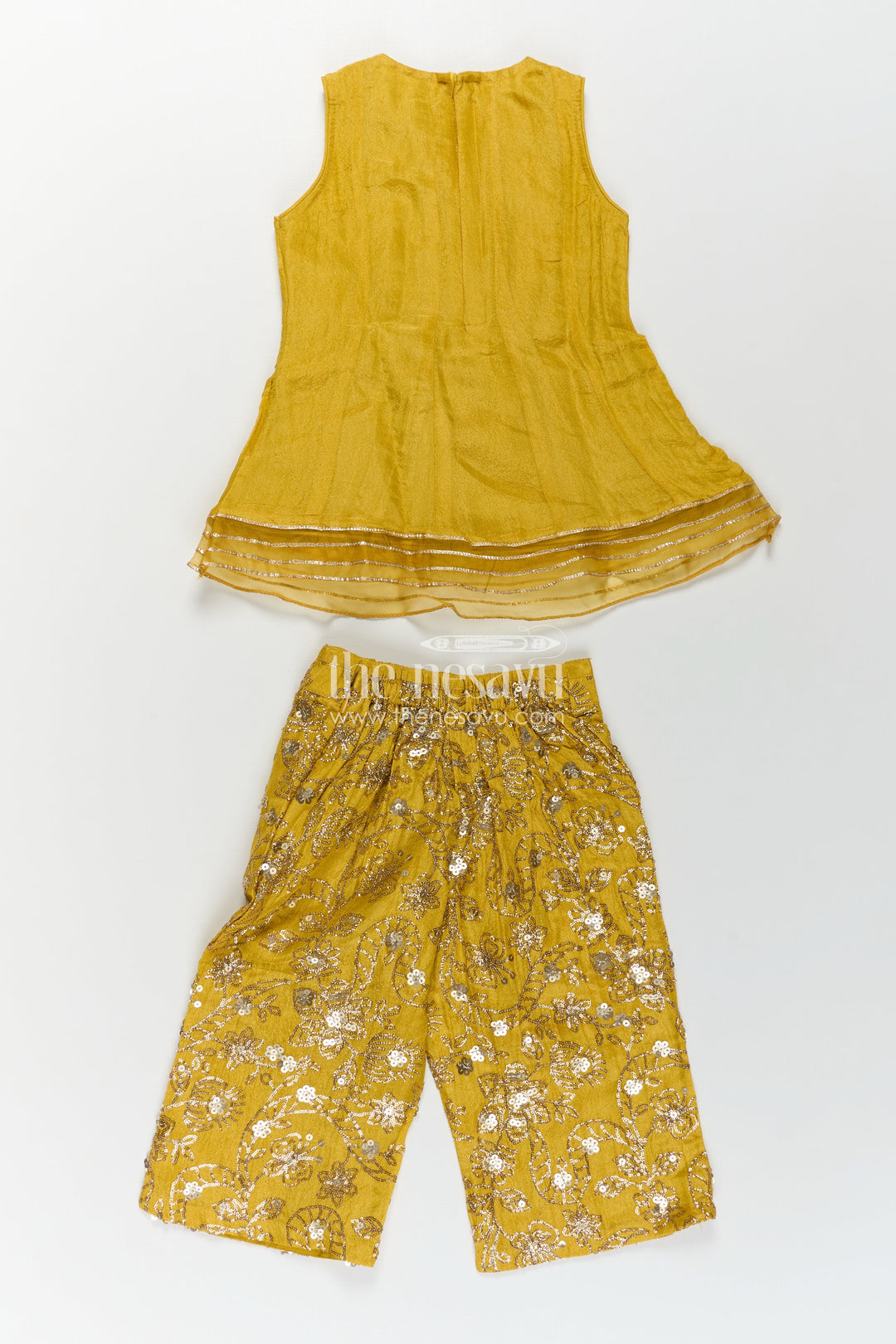The Nesavu Girls Sharara / Plazo Set Girls Mustard Dress Of Sharara in Viscose Tissue with Designer Sequin Embroidered Pants Nesavu Girls Mustard Sharara Dress Sequin Embroidered Pants Dupatta Viscose Tissue | The Nesavu