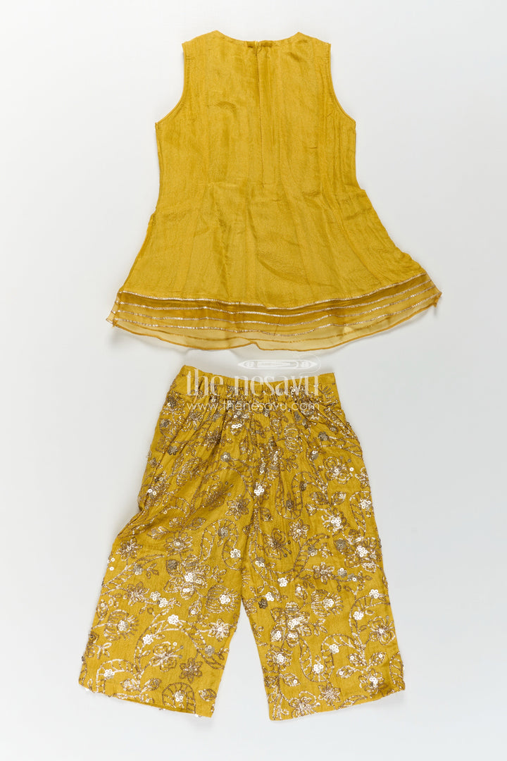 The Nesavu Girls Sharara / Plazo Set Girls Mustard Dress Of Sharara in Viscose Tissue with Designer Sequin Embroidered Pants Nesavu Girls Mustard Sharara Dress Sequin Embroidered Pants Dupatta Viscose Tissue | The Nesavu