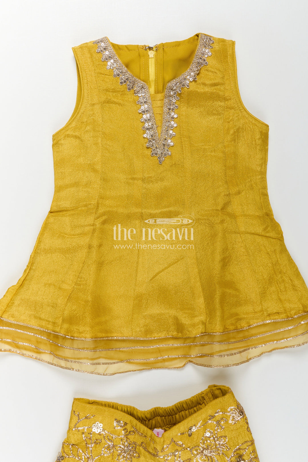 The Nesavu Girls Sharara / Plazo Set Girls Mustard Dress Of Sharara in Viscose Tissue with Designer Sequin Embroidered Pants Nesavu Girls Mustard Sharara Dress Sequin Embroidered Pants Dupatta Viscose Tissue | The Nesavu