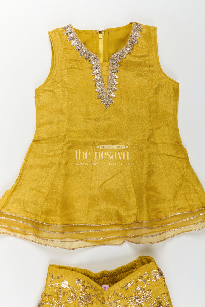 The Nesavu Girls Sharara / Plazo Set Girls Mustard Dress Of Sharara in Viscose Tissue with Designer Sequin Embroidered Pants Nesavu Girls Mustard Sharara Dress Sequin Embroidered Pants Dupatta Viscose Tissue | The Nesavu