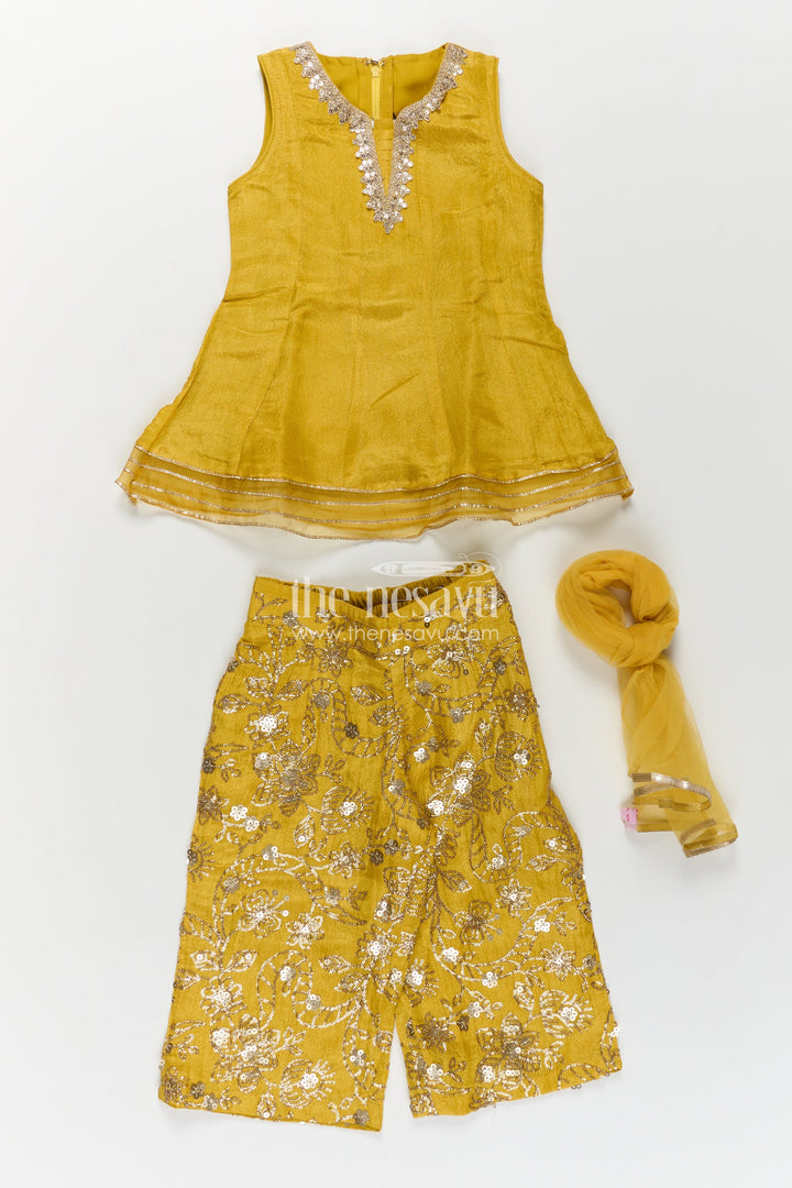 The Nesavu Girls Sharara / Plazo Set Girls Mustard Dress Of Sharara in Viscose Tissue with Designer Sequin Embroidered Pants Nesavu Girls Mustard Sharara Dress Sequin Embroidered Pants Dupatta Viscose Tissue | The Nesavu