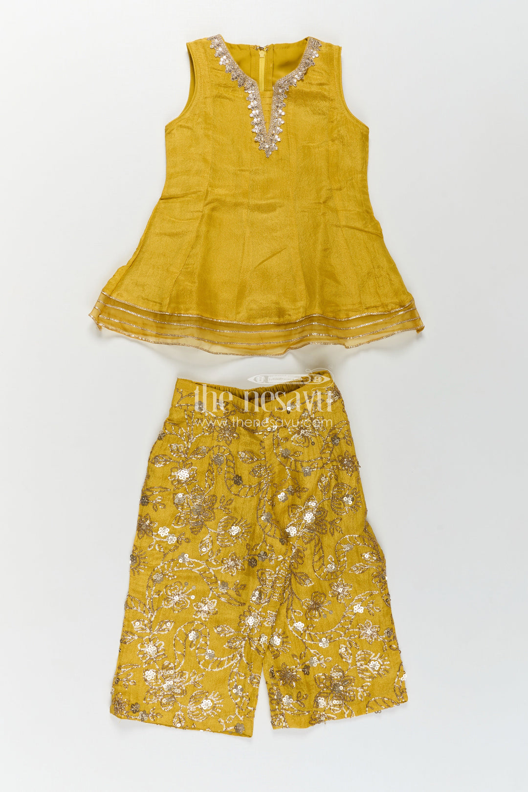 The Nesavu Girls Sharara / Plazo Set Girls Mustard Dress Of Sharara in Viscose Tissue with Designer Sequin Embroidered Pants Nesavu Girls Mustard Sharara Dress Sequin Embroidered Pants Dupatta Viscose Tissue | The Nesavu