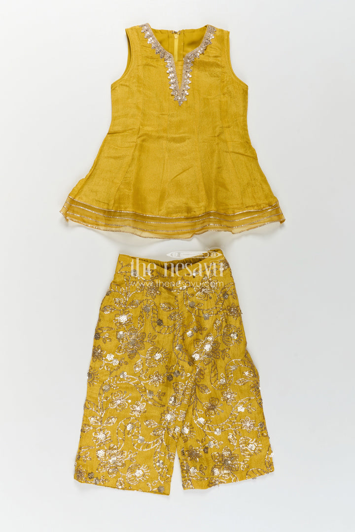 The Nesavu Girls Sharara / Plazo Set Girls Mustard Dress Of Sharara in Viscose Tissue with Designer Sequin Embroidered Pants Nesavu Girls Mustard Sharara Dress Sequin Embroidered Pants Dupatta Viscose Tissue | The Nesavu