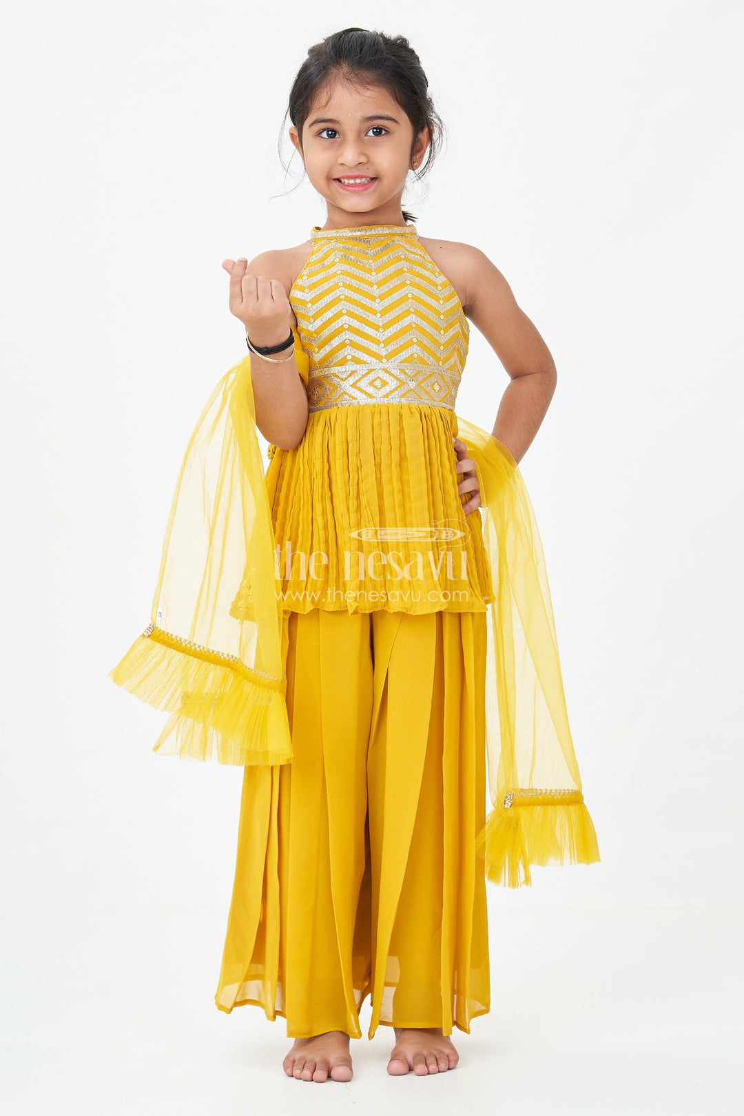 The Nesavu Girls Sharara / Plazo Set Girls Mustard Dress with Sharara in Georgette Featuring Ruffle Hem and Shimmering Chevron Design Nesavu 16 (1Y) / Yellow GPS538D-16 Mustard Dress Sharara Girls Georgette Chevron Embroidery Ruffle Detail | The Nesavu