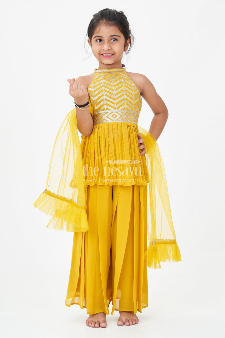 The Nesavu Girls Sharara / Plazo Set Girls Mustard Dress with Sharara in Georgette Featuring Ruffle Hem and Shimmering Chevron Design Nesavu 16 (1Y) / Yellow GPS538D-16 Mustard Dress Sharara Girls Georgette Chevron Embroidery Ruffle Detail | The Nesavu