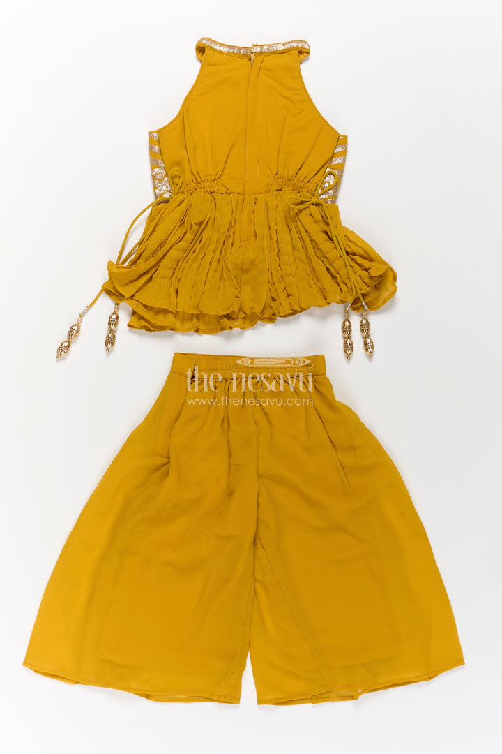 The Nesavu Girls Sharara / Plazo Set Girls Mustard Dress with Sharara in Georgette Featuring Ruffle Hem and Shimmering Chevron Design Nesavu Mustard Dress Sharara Girls Georgette Chevron Embroidery Ruffle Detail | The Nesavu
