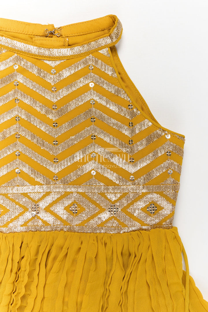 The Nesavu Girls Sharara / Plazo Set Girls Mustard Dress with Sharara in Georgette Featuring Ruffle Hem and Shimmering Chevron Design Nesavu Mustard Dress Sharara Girls Georgette Chevron Embroidery Ruffle Detail | The Nesavu