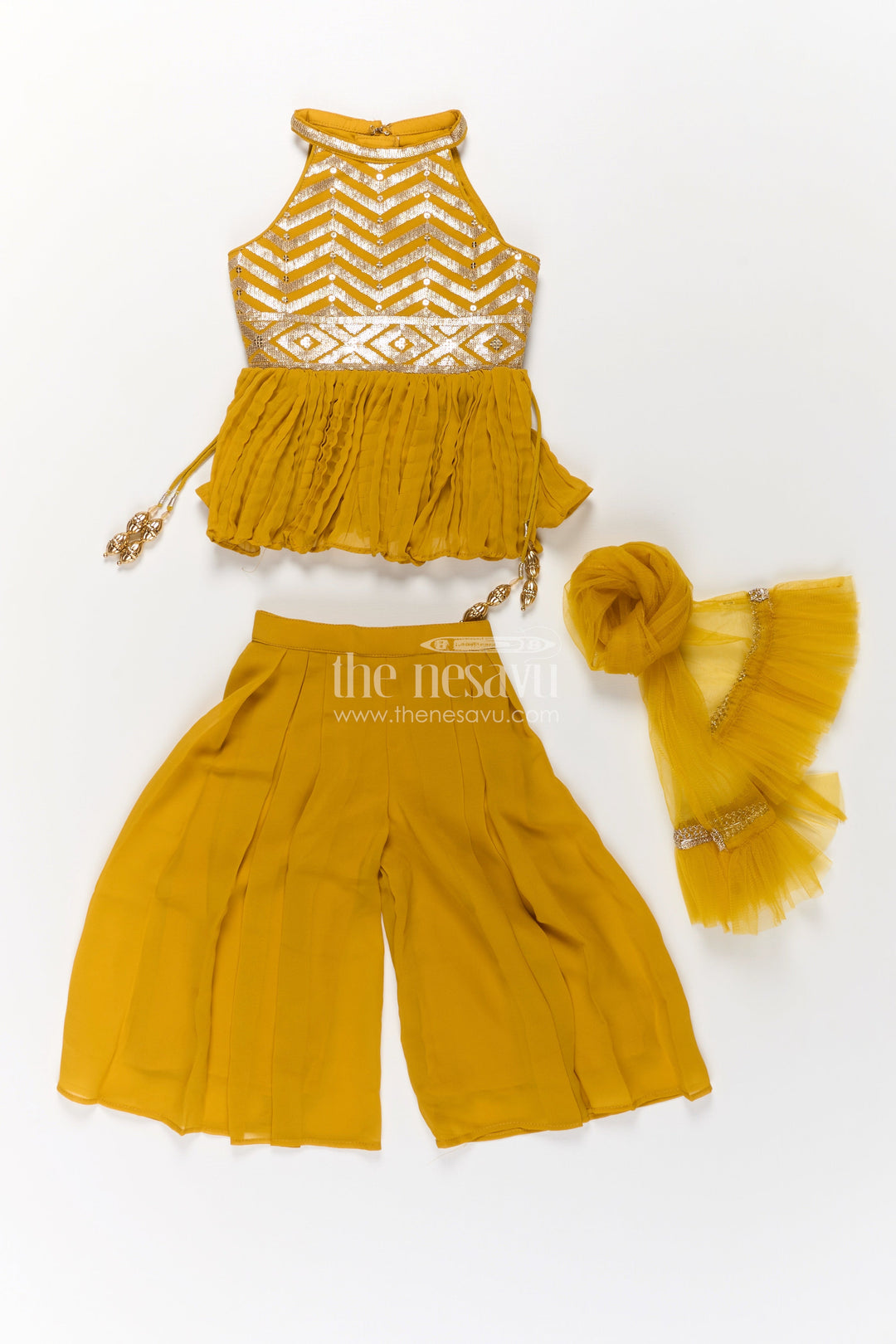 The Nesavu Girls Sharara / Plazo Set Girls Mustard Dress with Sharara in Georgette Featuring Ruffle Hem and Shimmering Chevron Design Nesavu Mustard Dress Sharara Girls Georgette Chevron Embroidery Ruffle Detail | The Nesavu