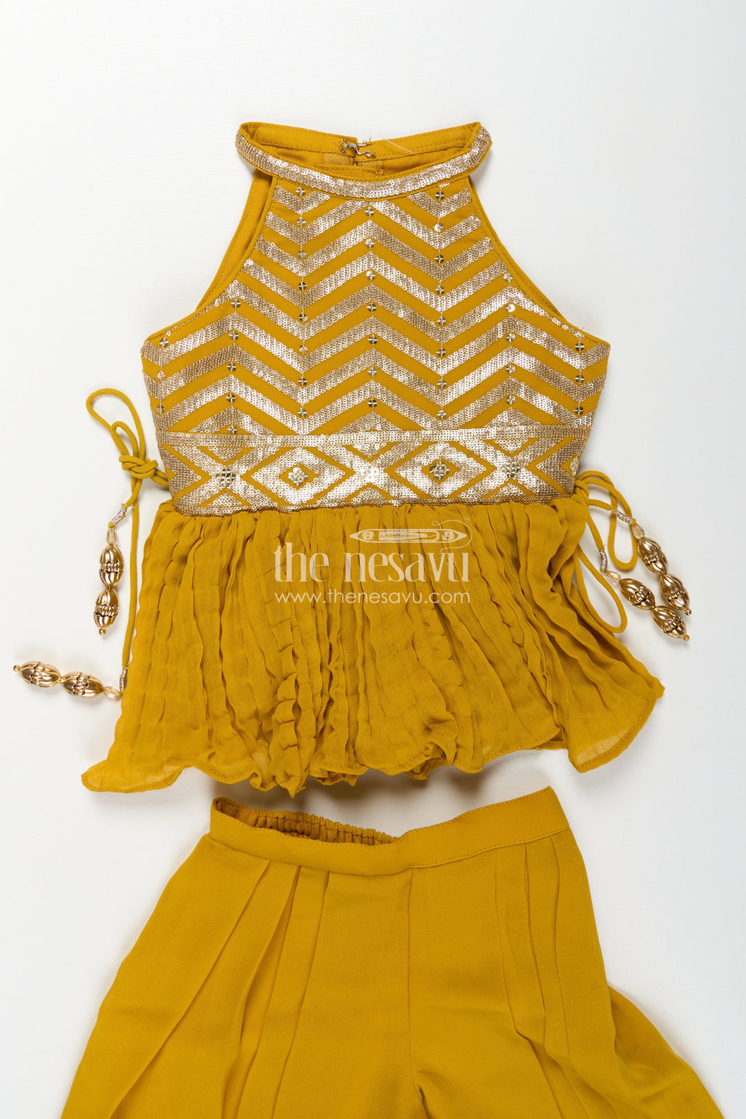 The Nesavu Girls Sharara / Plazo Set Girls Mustard Dress with Sharara in Georgette Featuring Ruffle Hem and Shimmering Chevron Design Nesavu Mustard Dress Sharara Girls Georgette Chevron Embroidery Ruffle Detail | The Nesavu