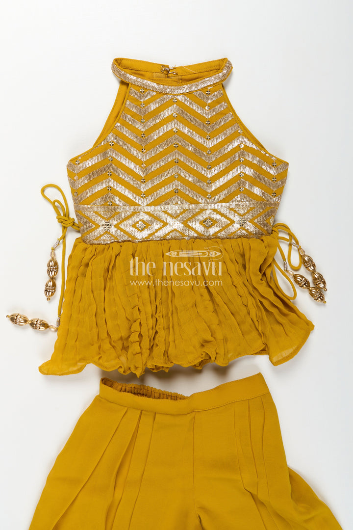 The Nesavu Girls Sharara / Plazo Set Girls Mustard Dress with Sharara in Georgette Featuring Ruffle Hem and Shimmering Chevron Design Nesavu Mustard Dress Sharara Girls Georgette Chevron Embroidery Ruffle Detail | The Nesavu