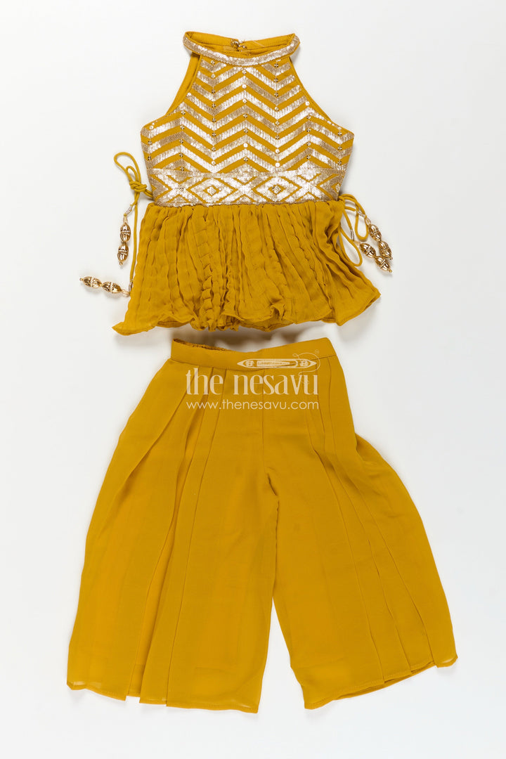 The Nesavu Girls Sharara / Plazo Set Girls Mustard Dress with Sharara in Georgette Featuring Ruffle Hem and Shimmering Chevron Design Nesavu Mustard Dress Sharara Girls Georgette Chevron Embroidery Ruffle Detail | The Nesavu