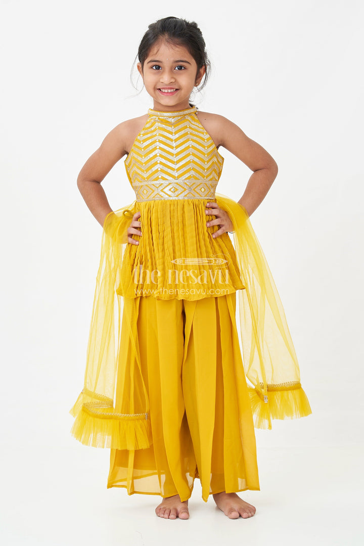 The Nesavu Girls Sharara / Plazo Set Girls Mustard Dress with Sharara in Georgette Featuring Ruffle Hem and Shimmering Chevron Design Nesavu Mustard Dress Sharara Girls Georgette Chevron Embroidery Ruffle Detail | The Nesavu
