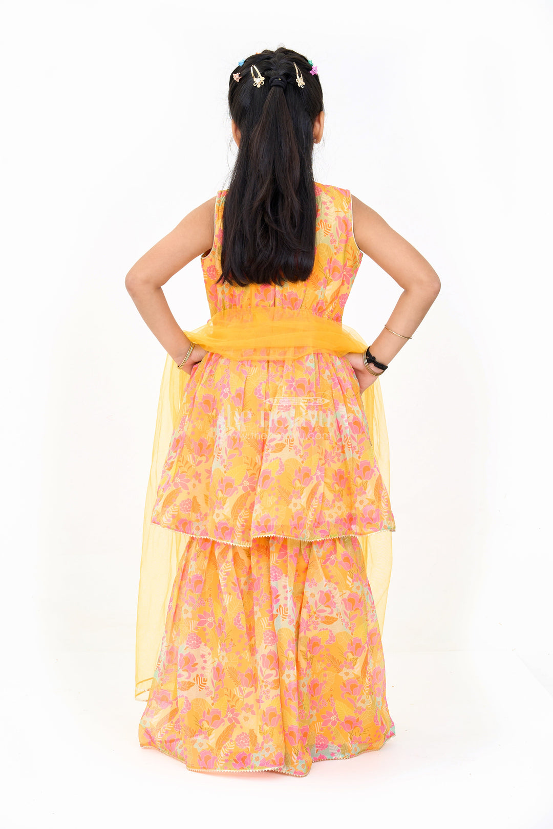 The Nesavu Girls Sharara / Plazo Set Girls Mustard Ethnic Sharara Dress with Floral Print and Sequin Detailing Nesavu Girls Mustard Sharara Dress Floral Print Sequin Embroidery Weddings | The Nesavu