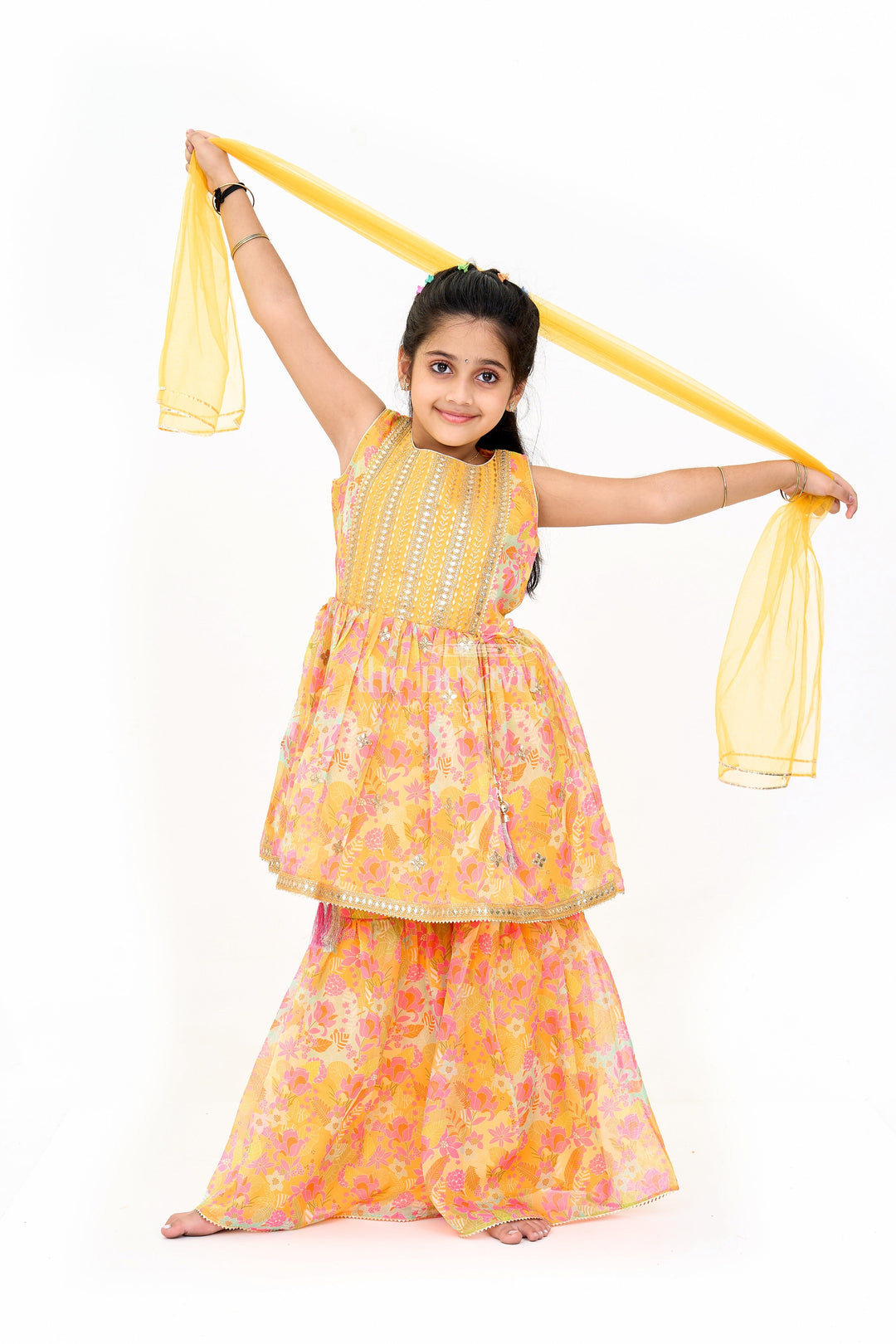 The Nesavu Girls Sharara / Plazo Set Girls Mustard Ethnic Sharara Dress with Floral Print and Sequin Detailing Nesavu Girls Mustard Sharara Dress Floral Print Sequin Embroidery Weddings | The Nesavu
