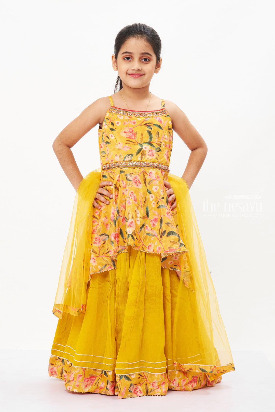 The Nesavu Girls Lehenga Choli Girls Mustard Floral Chaniya Choli with Elegant Dupatta - A Festive Wardrobe Essential Nesavu 18 (2Y) / Yellow GL426A-18 Floral Lehenga Pavada Set for Girls with Dupatta | Vibrant Eid & Vishu Attire | The Nesavu