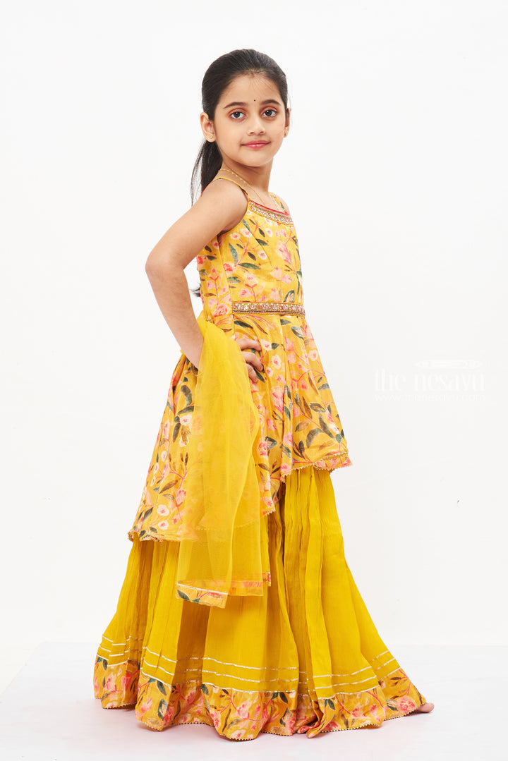 The Nesavu Girls Lehenga Choli Girls Mustard Floral Chaniya Choli with Elegant Dupatta - A Festive Wardrobe Essential Nesavu Floral Lehenga Pavada Set for Girls with Dupatta | Vibrant Eid & Vishu Attire | The Nesavu