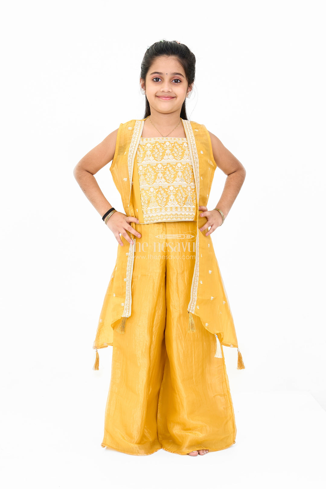 The Nesavu Girls Sharara / Plazo Set Girls Mustard Palazzo Pants with Embroidered Crop Top and Long Jacket for Festive Wear Nesavu 22 (4Y) / Yellow GPS506A-22 Girls Mustard Palazzo Pants Set Embroidered Crop Top Long Jacket Weddings | The Nesavu