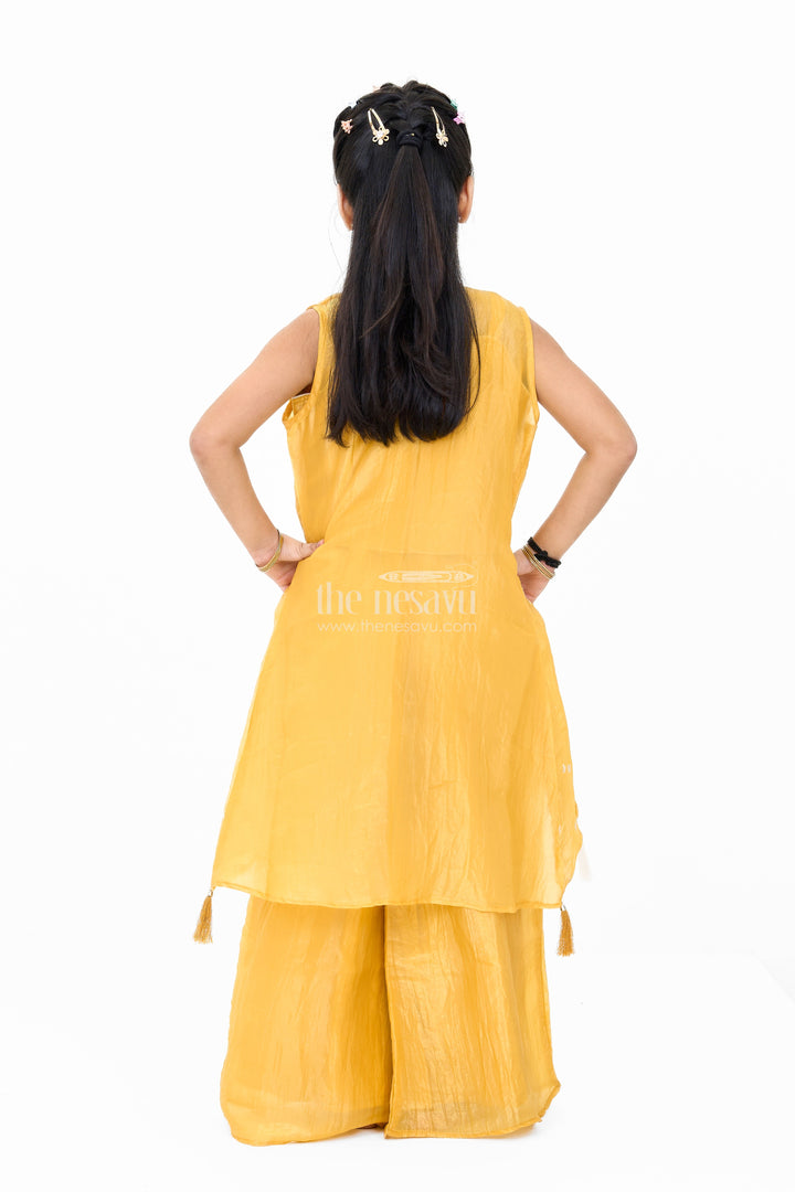The Nesavu Girls Sharara / Plazo Set Girls Mustard Palazzo Pants with Embroidered Crop Top and Long Jacket for Festive Wear Nesavu Girls Mustard Palazzo Pants Set Embroidered Crop Top Long Jacket Weddings | The Nesavu