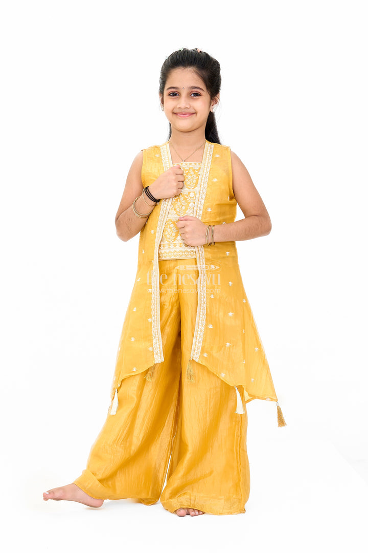 The Nesavu Girls Sharara / Plazo Set Girls Mustard Palazzo Pants with Embroidered Crop Top and Long Jacket for Festive Wear Nesavu Girls Mustard Palazzo Pants Set Embroidered Crop Top Long Jacket Weddings | The Nesavu