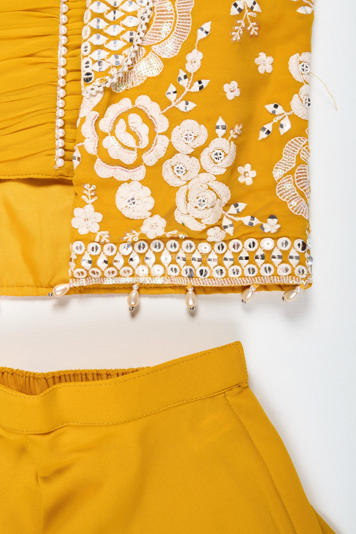The Nesavu Girls Sharara / Plazo Set Girls Mustard Sharara Set with Embroidered Jacket for Festive Events Nesavu Nesavu Girls Mustard Sharara Set Embroidered Jacket Festive Ethnic Wear Weddings