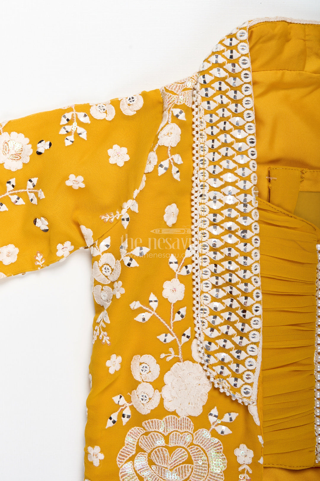 The Nesavu Girls Sharara / Plazo Set Girls Mustard Sharara Set with Embroidered Jacket for Festive Events Nesavu Nesavu Girls Mustard Sharara Set Embroidered Jacket Festive Ethnic Wear Weddings