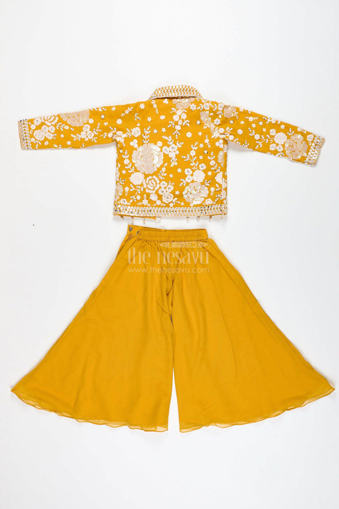 The Nesavu Girls Sharara / Plazo Set Girls Mustard Sharara Set with Embroidered Jacket for Festive Events Nesavu Nesavu Girls Mustard Sharara Set Embroidered Jacket Festive Ethnic Wear Weddings