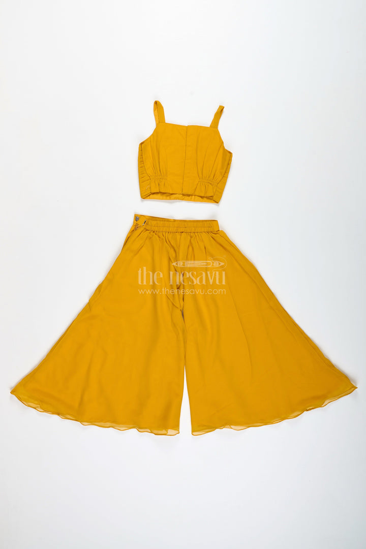 The Nesavu Girls Sharara / Plazo Set Girls Mustard Sharara Set with Embroidered Jacket for Festive Events Nesavu Nesavu Girls Mustard Sharara Set Embroidered Jacket Festive Ethnic Wear Weddings