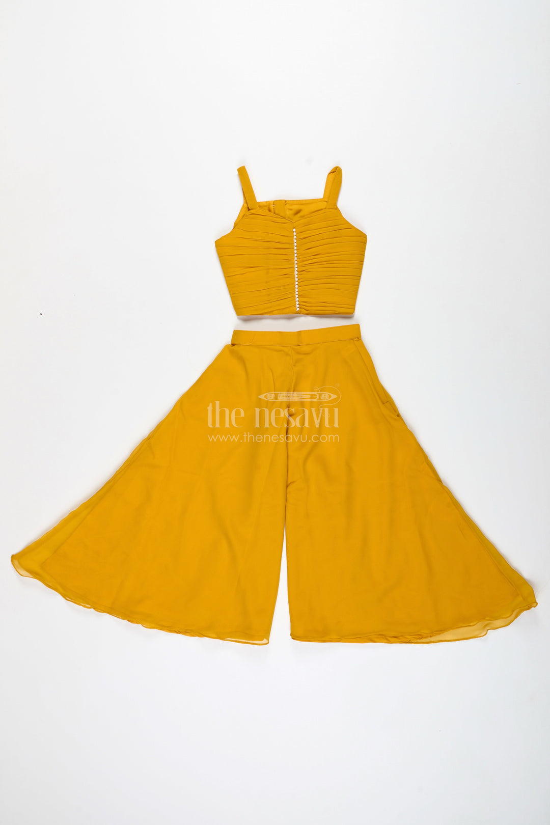 The Nesavu Girls Sharara / Plazo Set Girls Mustard Sharara Set with Embroidered Jacket for Festive Events Nesavu Nesavu Girls Mustard Sharara Set Embroidered Jacket Festive Ethnic Wear Weddings