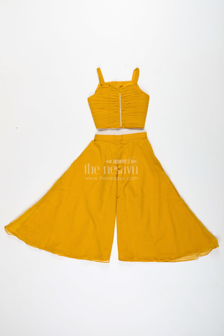 The Nesavu Girls Sharara / Plazo Set Girls Mustard Sharara Set with Embroidered Jacket for Festive Events Nesavu Nesavu Girls Mustard Sharara Set Embroidered Jacket Festive Ethnic Wear Weddings