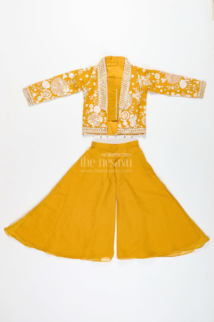 The Nesavu Girls Sharara / Plazo Set Girls Mustard Sharara Set with Embroidered Jacket for Festive Events Nesavu Nesavu Girls Mustard Sharara Set Embroidered Jacket Festive Ethnic Wear Weddings