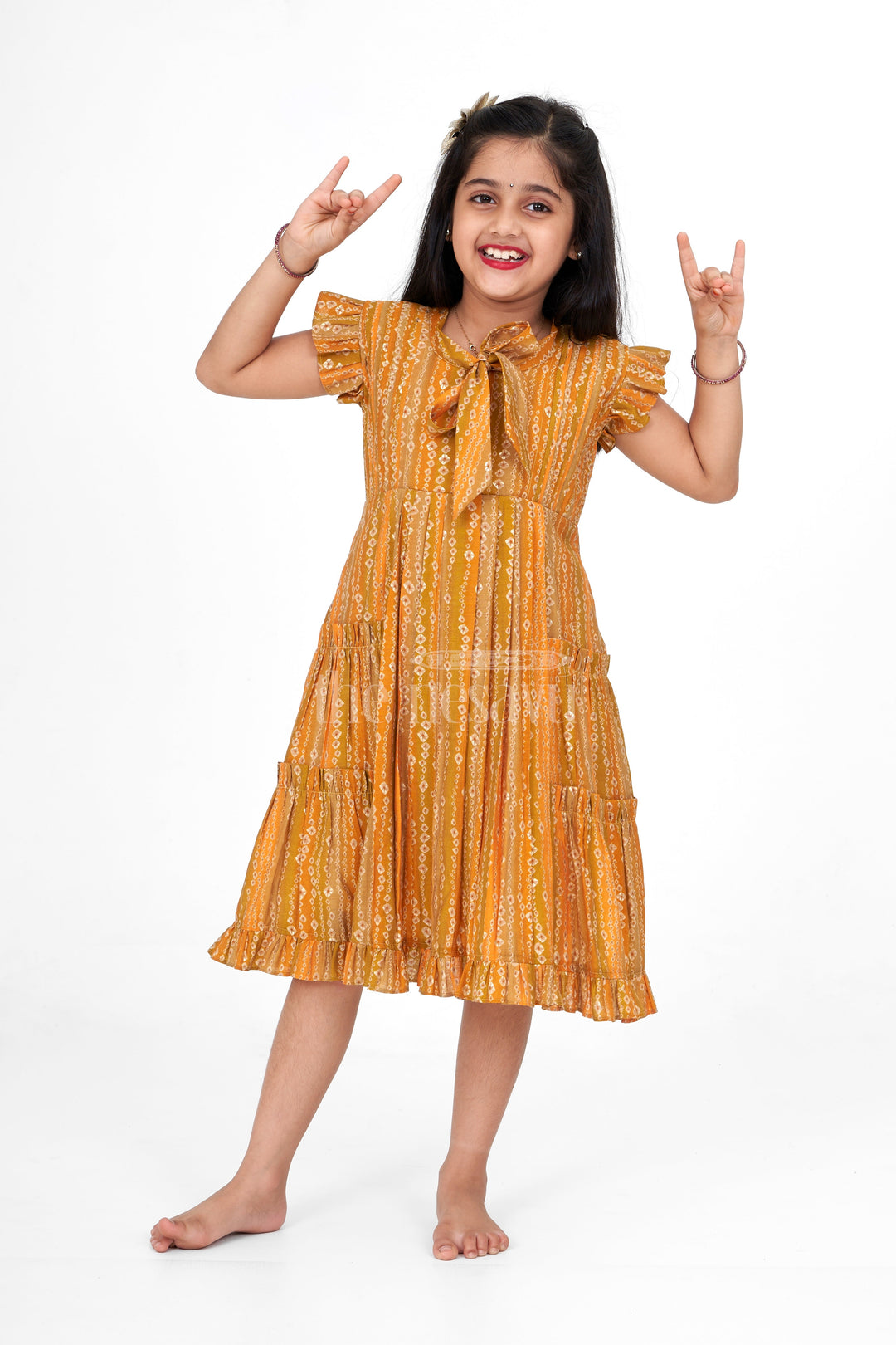 The Nesavu Girls Cotton Frock Girls Mustard Yellow Cotton Frock with Ikat Print and Ruffle Sleeves for Summer Nesavu 16 (1Y) / Green GFC1396A-16 Nesavu Girls Mustard Yellow Cotton Frock Ikat Print Ruffle Sleeves