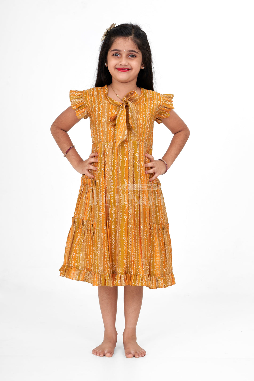 The Nesavu Girls Cotton Frock Girls Mustard Yellow Cotton Frock with Ikat Print and Ruffle Sleeves for Summer Nesavu Nesavu Girls Mustard Yellow Cotton Frock Ikat Print Ruffle Sleeves