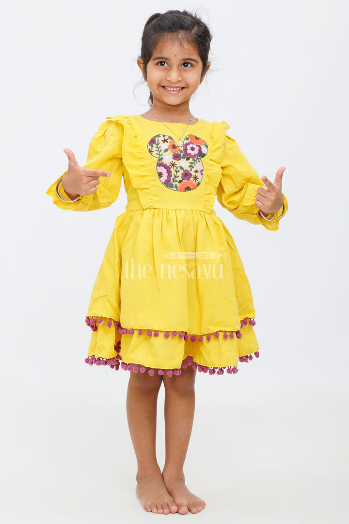 The Nesavu Girls Cotton Frock Girls Mustard Yellow Dress with Floral Embroidery and Ruffled Trim - Party Short Frock Nesavu 18 (2Y) / Mustard GFC1409A-18 Nesavu Mustard Yellow Party Frock Girls Floral Embroidery Ruffle Trim