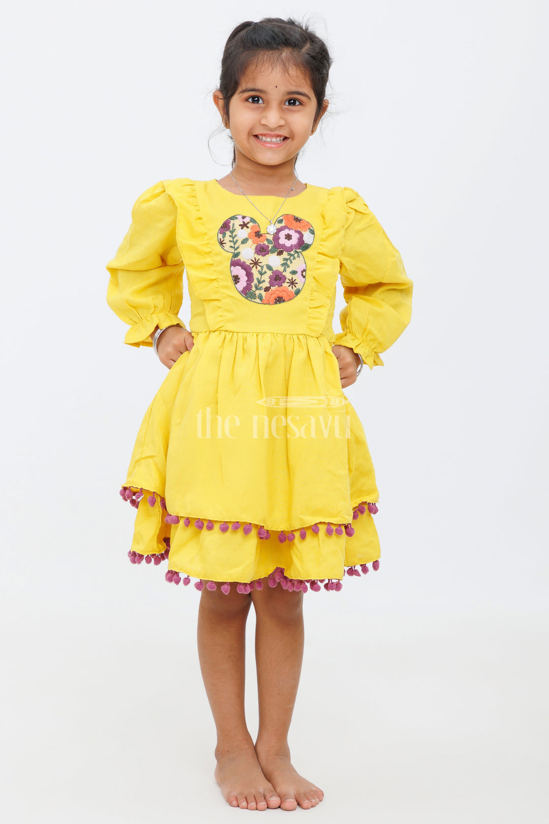 The Nesavu Girls Cotton Frock Girls Mustard Yellow Dress with Floral Embroidery and Ruffled Trim - Party Short Frock Nesavu Nesavu Mustard Yellow Party Frock Girls Floral Embroidery Ruffle Trim