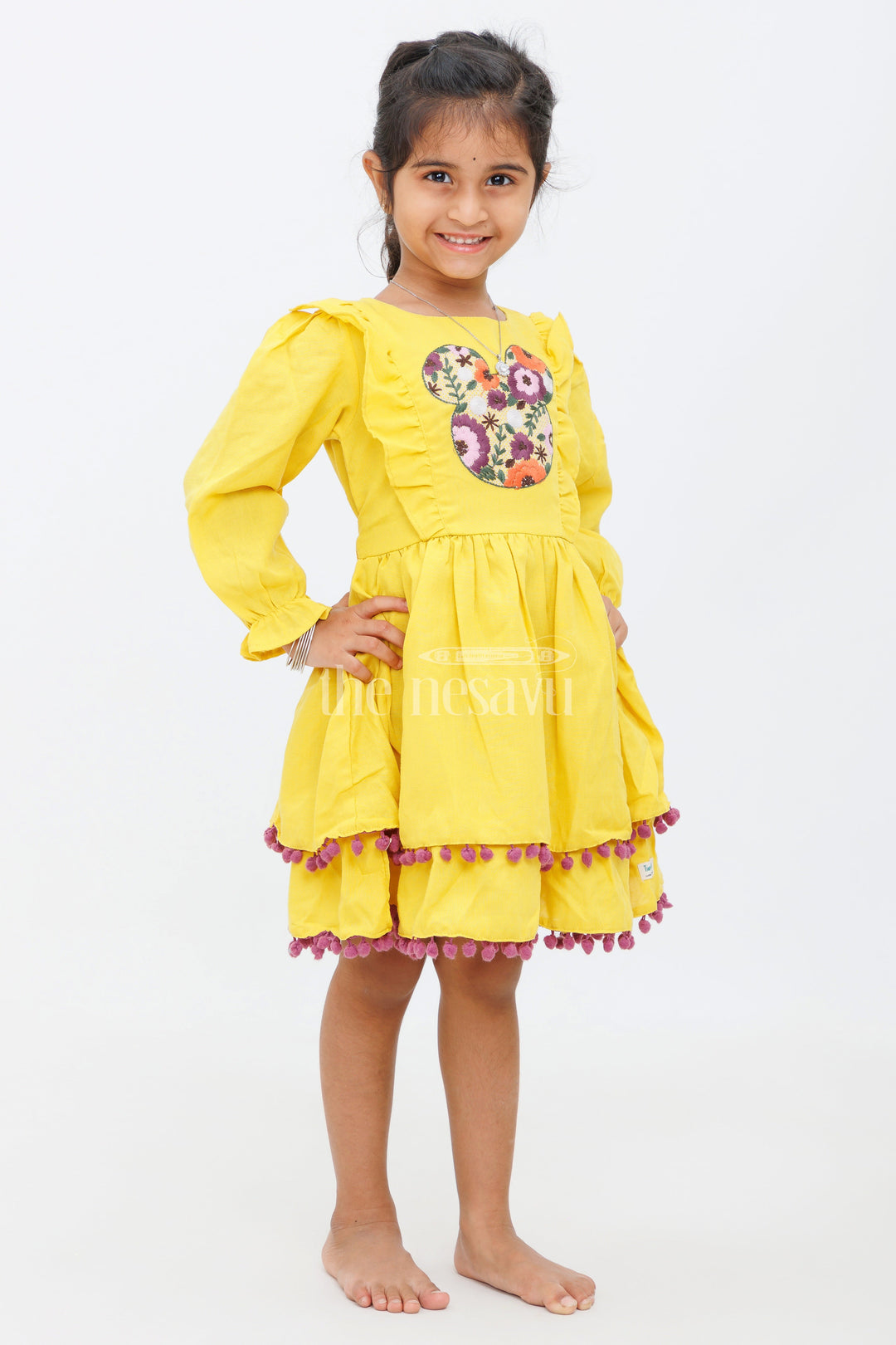 The Nesavu Girls Cotton Frock Girls Mustard Yellow Dress with Floral Embroidery and Ruffled Trim - Party Short Frock Nesavu Nesavu Mustard Yellow Party Frock Girls Floral Embroidery Ruffle Trim