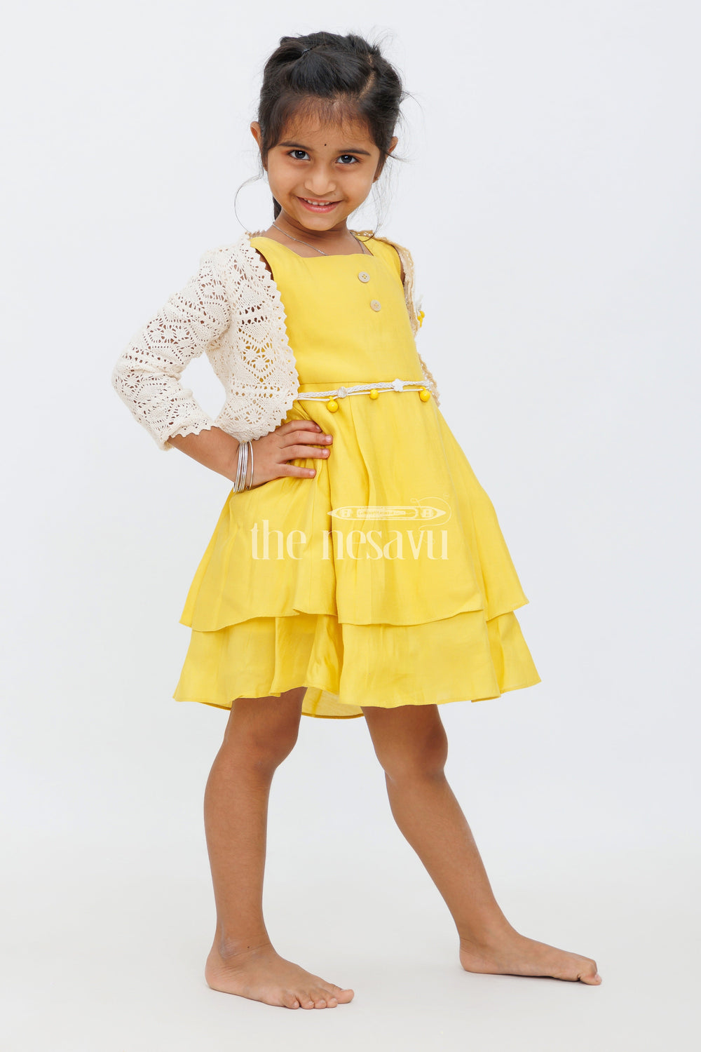 The Nesavu Girls Fancy Frock Girls Mustard Yellow Dress with Layered Skirt and Crochet Button Bolero for Special Events Nesavu 16 (1Y) / Yellow GFC1412A-16 Nesavu Girls Mustard Yellow Dress Layered Skirt Crochet Bolero Special Occasions