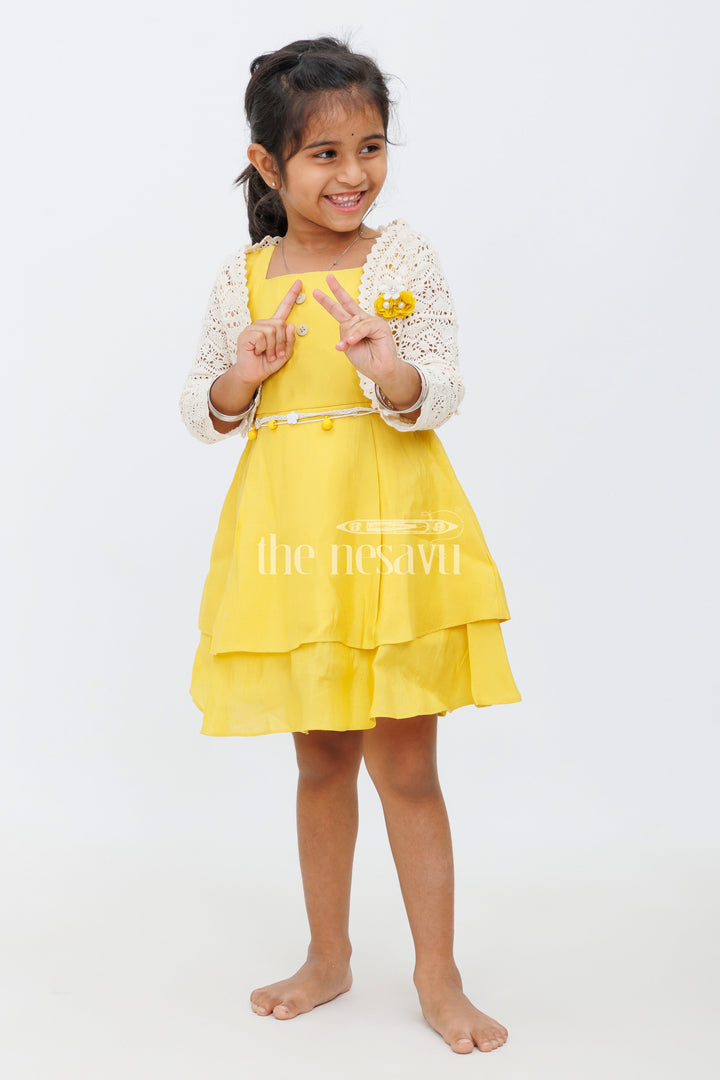 The Nesavu Girls Fancy Frock Girls Mustard Yellow Dress with Layered Skirt and Crochet Button Bolero for Special Events Nesavu Nesavu Girls Mustard Yellow Dress Layered Skirt Crochet Bolero Special Occasions