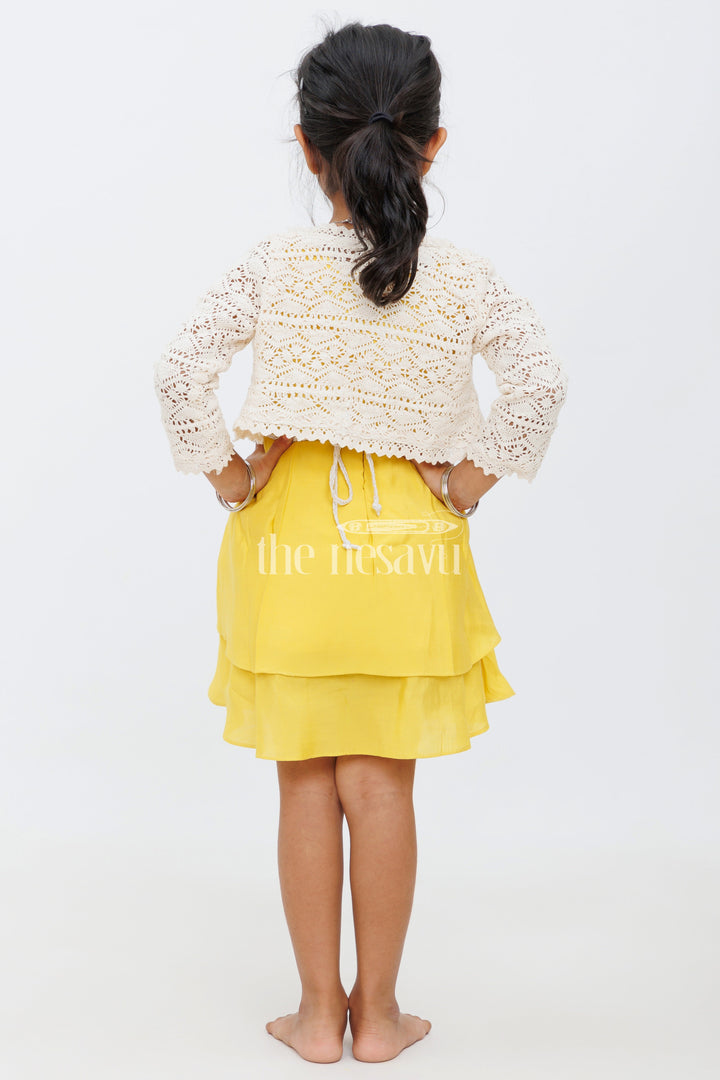 The Nesavu Girls Fancy Frock Girls Mustard Yellow Dress with Layered Skirt and Crochet Button Bolero for Special Events Nesavu Nesavu Girls Mustard Yellow Dress Layered Skirt Crochet Bolero Special Occasions