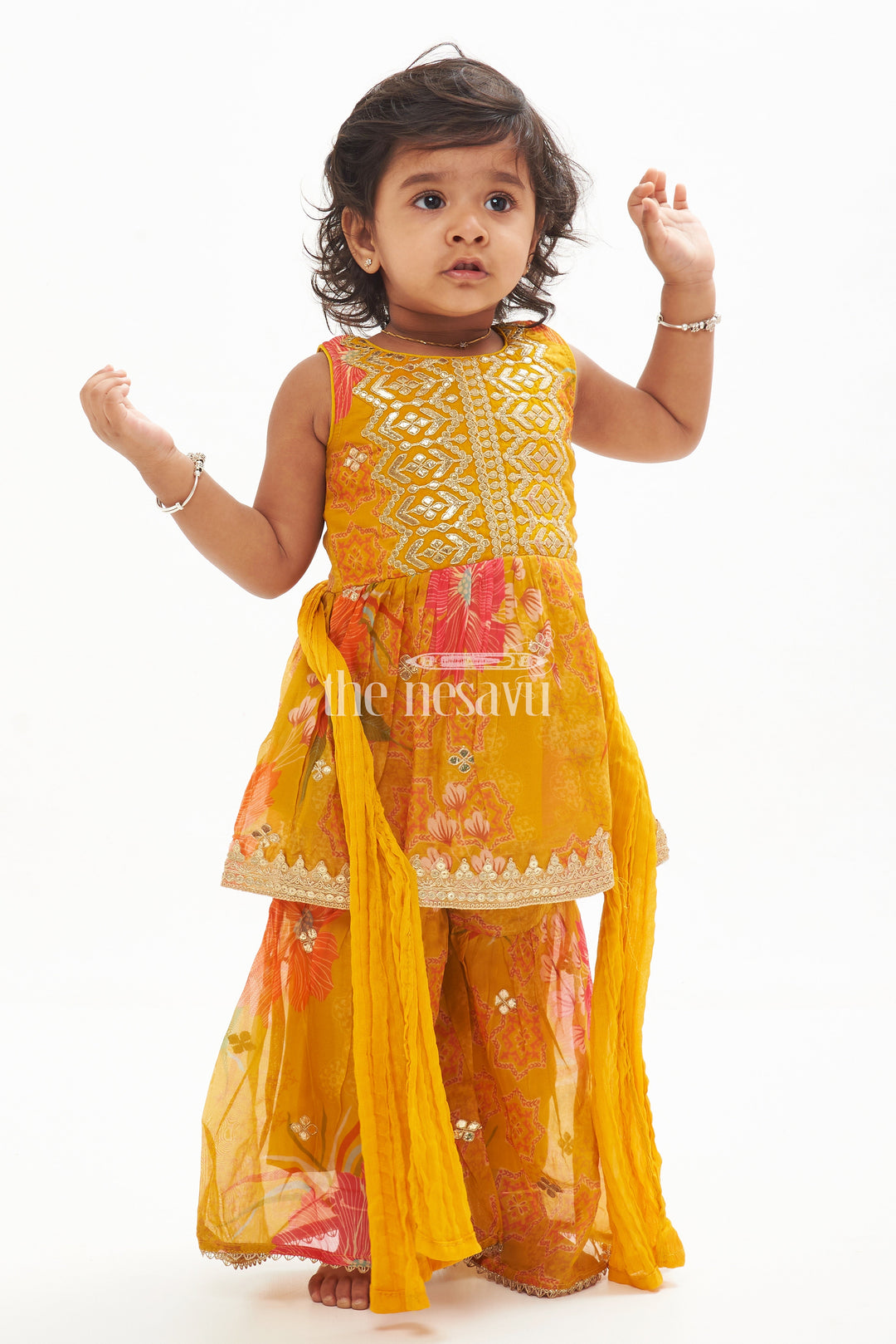 The Nesavu Girls Sharara / Plazo Set Girls' Mustard Yellow Floral Organza Garara Set with Embroidery and Samosa Lace Nesavu 16 (1Y) / Yellow GPS364A-16 Mustard Yellow Floral Organza Garara Set with Embroidery for Girls