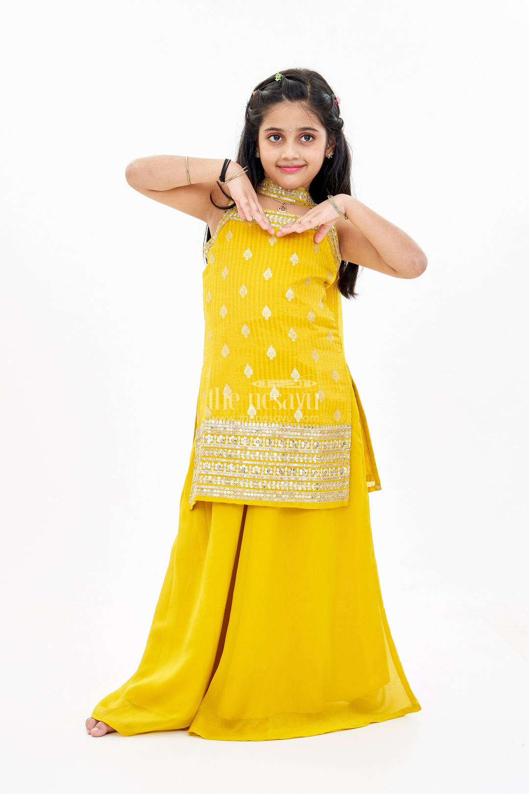 The Nesavu Girls Sharara / Plazo Set Girls Mustard Yellow Sharara Set with Embellished Top and Dupatta in Georgette Nesavu 28 (7Y) / Yellow GPS555A-28 Girls Mustard Yellow Sharara Suit Set Embellished Top Dupatta Georgette | The Nesavu