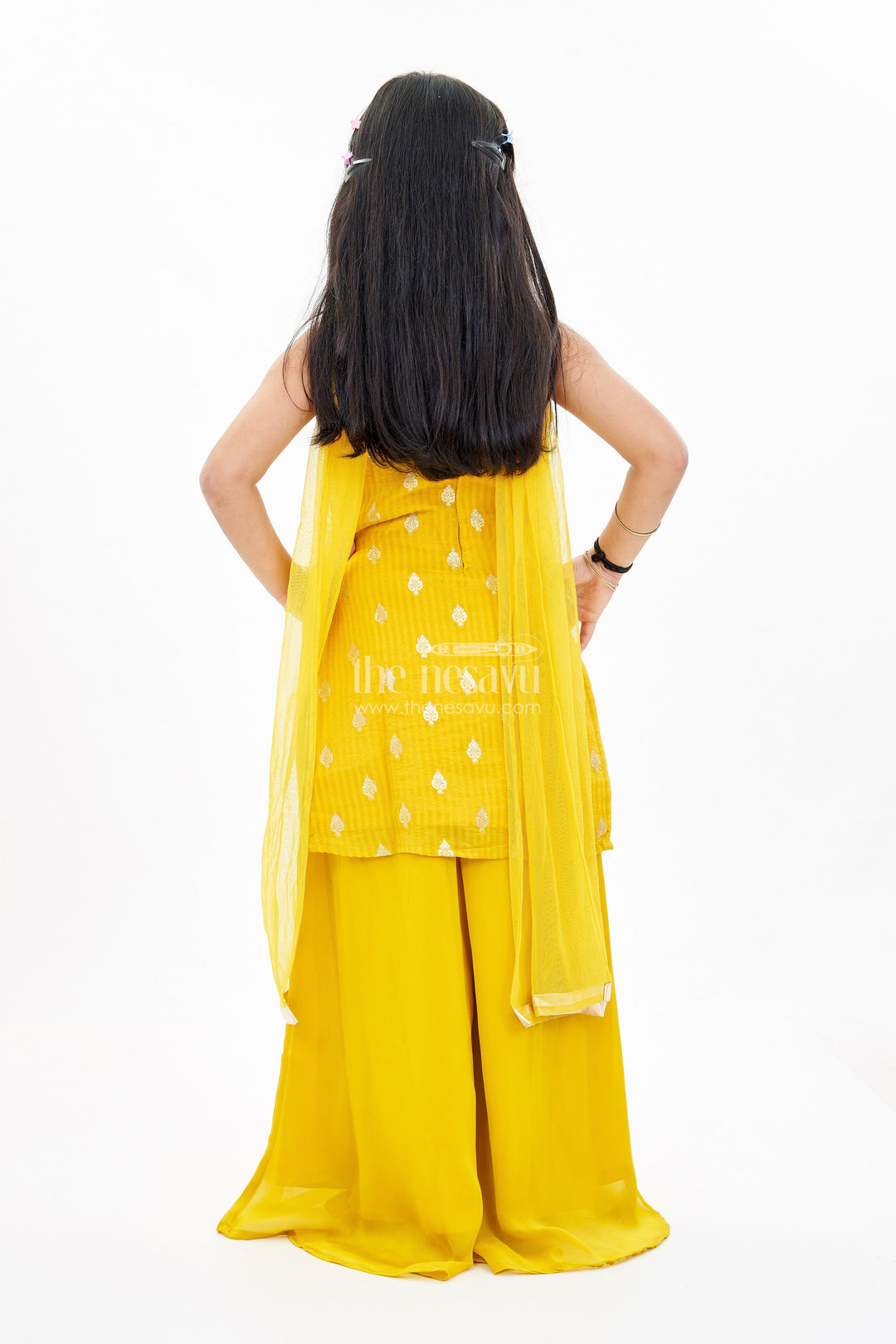 The Nesavu Girls Sharara / Plazo Set Girls Mustard Yellow Sharara Set with Embellished Top and Dupatta in Georgette Nesavu Girls Mustard Yellow Sharara Suit Set Embellished Top Dupatta Georgette | The Nesavu