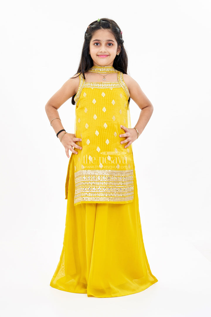 The Nesavu Girls Sharara / Plazo Set Girls Mustard Yellow Sharara Set with Embellished Top and Dupatta in Georgette Nesavu Girls Mustard Yellow Sharara Suit Set Embellished Top Dupatta Georgette | The Nesavu