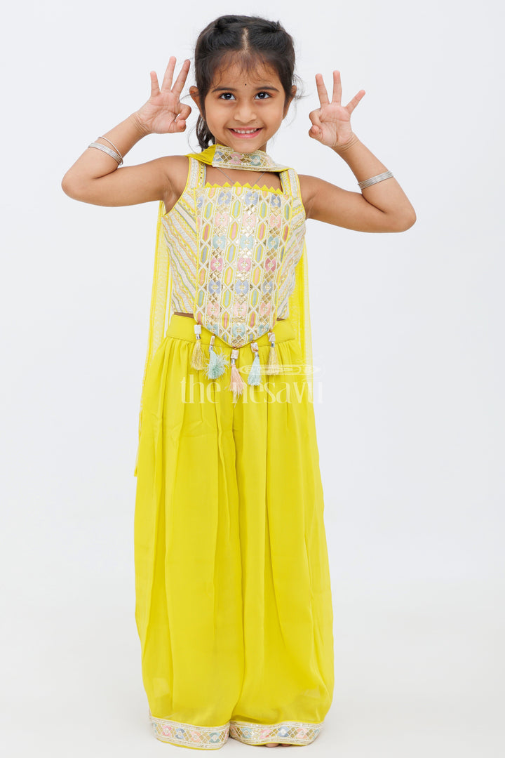 The Nesavu Girls Sharara / Plazo Set Girls Mustard Yellow Sharara Set with Sleeveless Embroidered Crop Top and Tassel Details Nesavu 16 (1Y) / Mustard GPS401A-16 0ef30a472b68jpgv1726571211