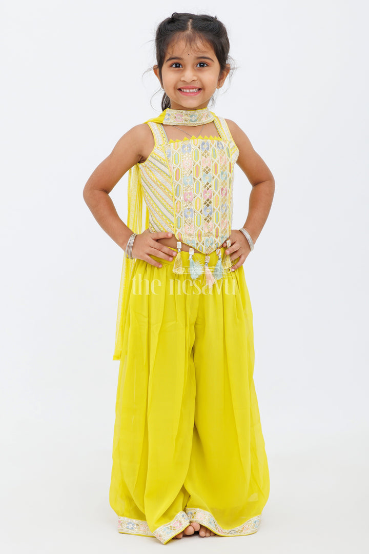 The Nesavu Girls Sharara / Plazo Set Girls Mustard Yellow Sharara Set with Sleeveless Embroidered Crop Top and Tassel Details Nesavu 0ef30a472b68jpgv1726571211