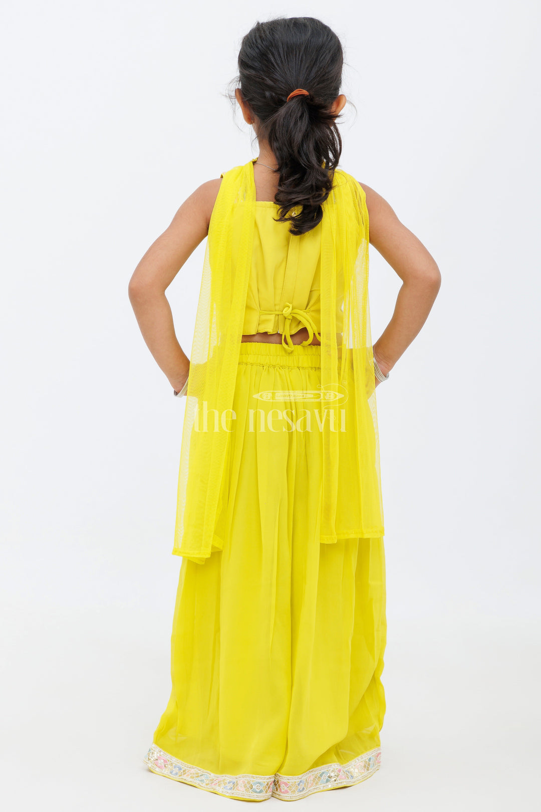 The Nesavu Girls Sharara / Plazo Set Girls Mustard Yellow Sharara Set with Sleeveless Embroidered Crop Top and Tassel Details Nesavu 0ef30a472b68jpgv1726571211