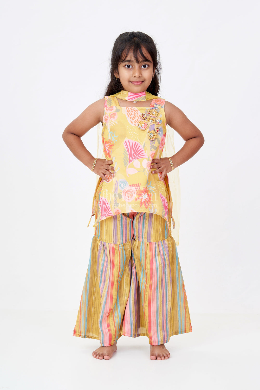 The Nesavu Girls Sharara / Plazo Set Girls Mustard Yellow Sharara with Floral Printed Top and Striped Flared Pants Nesavu 16 (1Y) / Yellow GPS549A-16 Girls Mustard Yellow Sharara Floral Printed Top Striped Flared Pants | The Nesavu