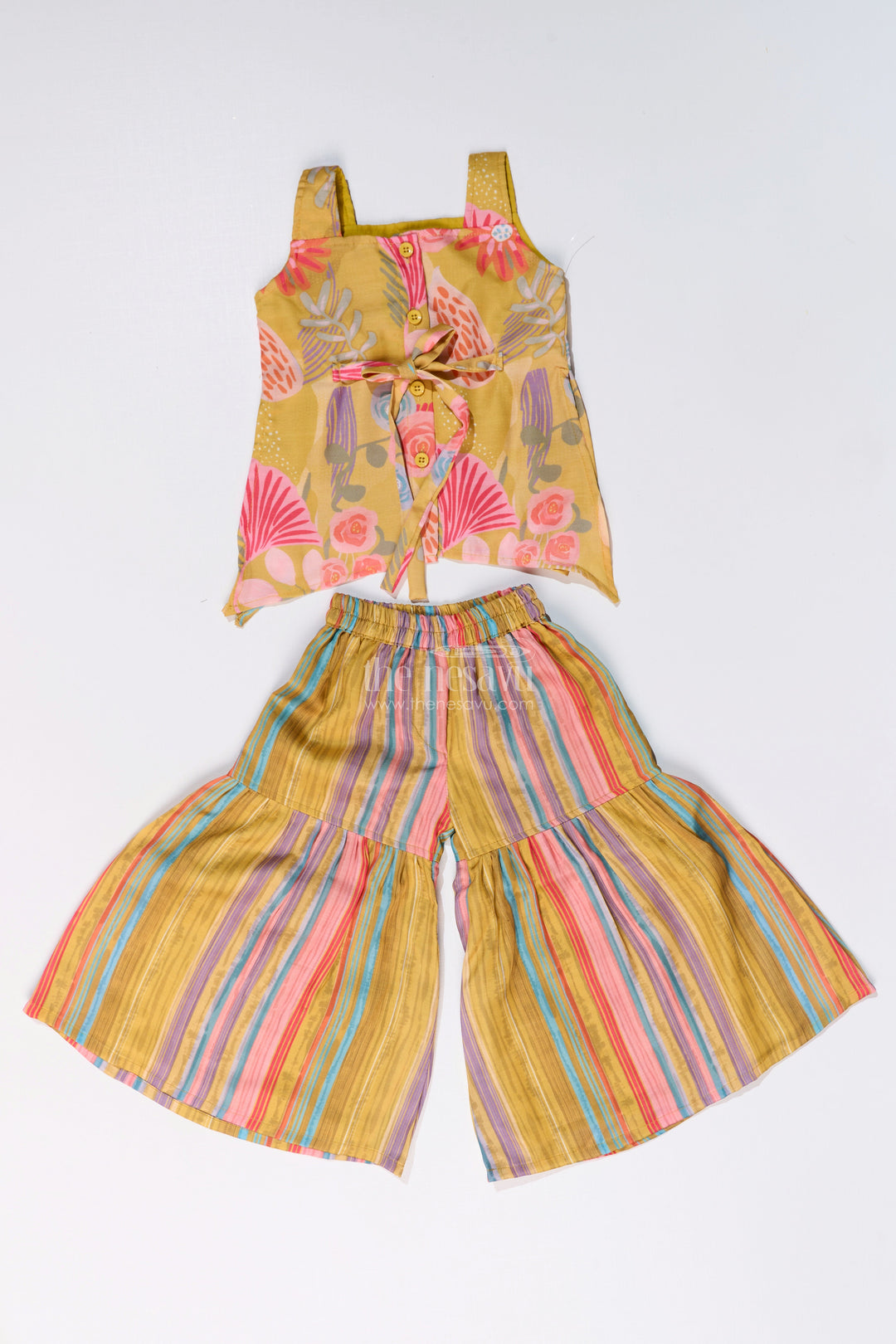The Nesavu Girls Sharara / Plazo Set Girls Mustard Yellow Sharara with Floral Printed Top and Striped Flared Pants Nesavu Girls Mustard Yellow Sharara Floral Printed Top Striped Flared Pants | The Nesavu