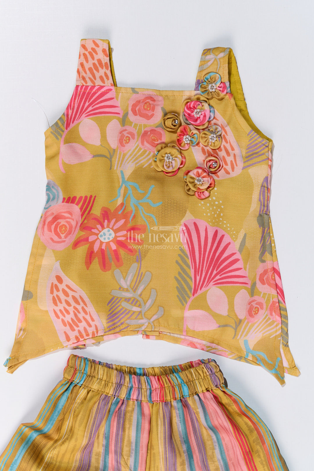 The Nesavu Girls Sharara / Plazo Set Girls Mustard Yellow Sharara with Floral Printed Top and Striped Flared Pants Nesavu Girls Mustard Yellow Sharara Floral Printed Top Striped Flared Pants | The Nesavu