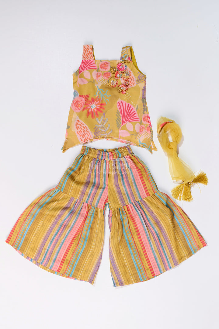 The Nesavu Girls Sharara / Plazo Set Girls Mustard Yellow Sharara with Floral Printed Top and Striped Flared Pants Nesavu Girls Mustard Yellow Sharara Floral Printed Top Striped Flared Pants | The Nesavu